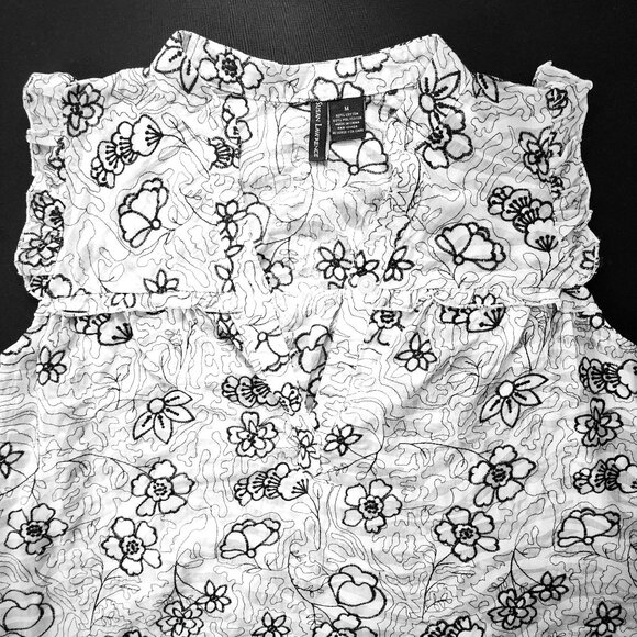 Susan Lawrence Black & White Floral Embroidered Sleeveless Flutter Trim Blouse M - Picture 4 of 9